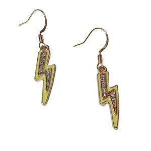 New Artisan Gold & Yellow Enameled CZ Encrusted Lightning Bolt Dangling Earrings